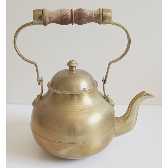 Vintage Brass Tea Pot Kettle Wood Handle W/ Lid MCM - Picture 1 of 15